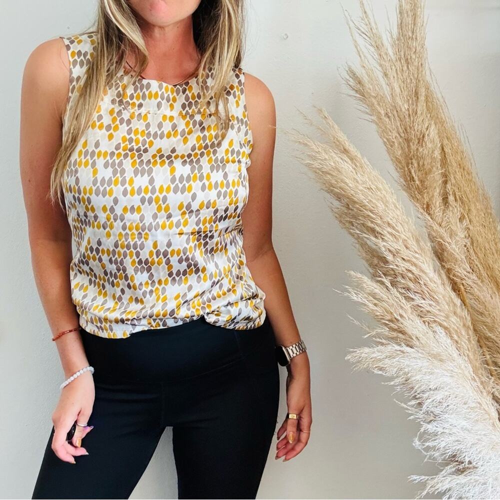 VINTAGE ANN TAYLOR Cream Brown Gold Abstract Print Silky Tank Top Blouse Shirt S